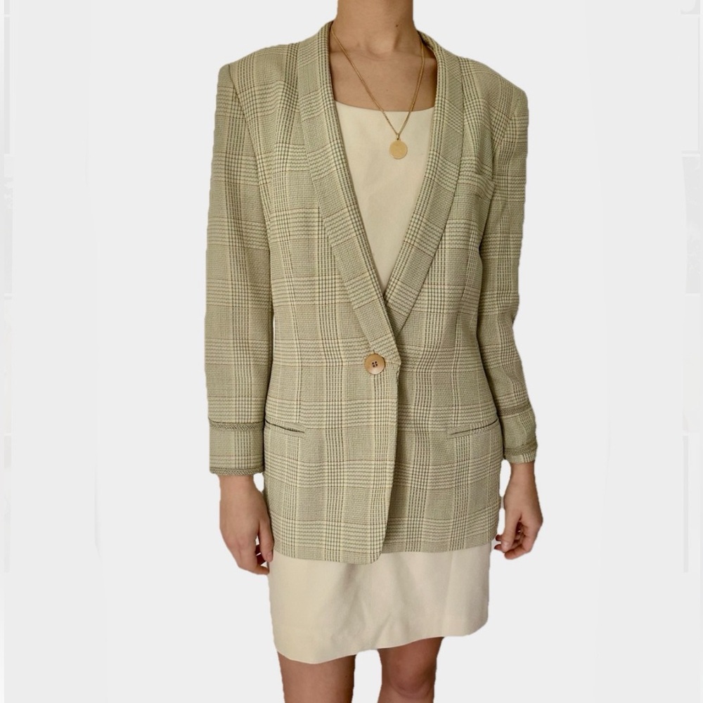 Vintage 90s Giorgio Armani Collezioni Womens 8 Military Plaid Blazer Tan Echelon